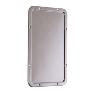 ligature resistant extreme durability one piece #304 stainless steel highly polished #8 finish wall mount steel backer plate embed plate large mirror residential treatment center crisis stabilization inpatient unit bedroom bathroom large mirror